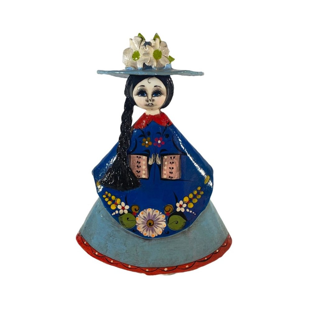 Vintage Sermel Style Mexican Paper Mache Doll-Signed-Flor de Tonala-Flowered Hat